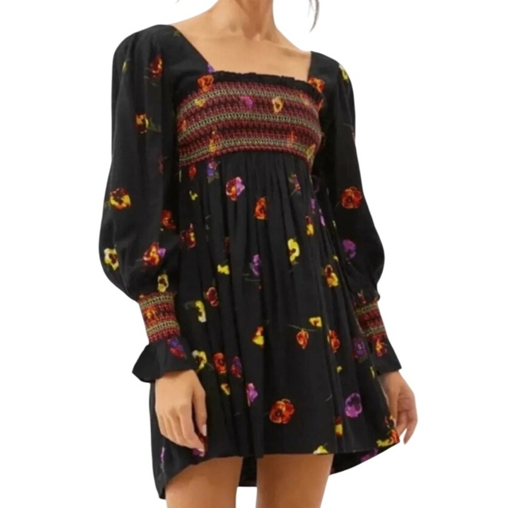 Urban Outfitters‎ Isabel Pansies Smocked Tunic Mini Dress Black S Boho Prairie